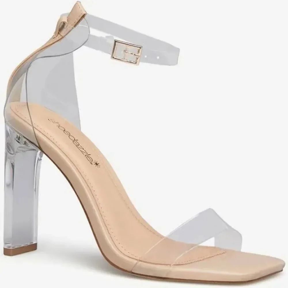 Shoe Dazzle Dress Sandals Beige  High Heel Clear Shoes Nude Transparent …